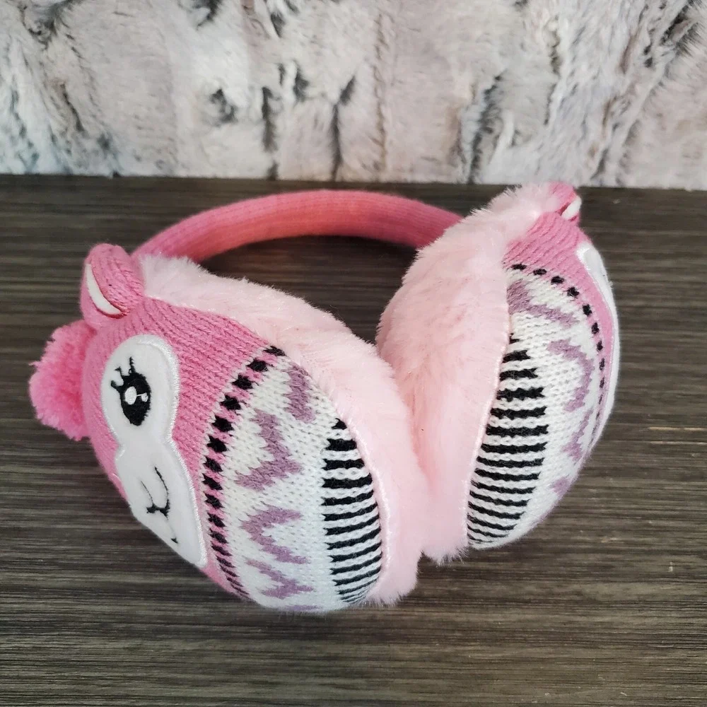 Pink Plush‎ Llama Ear Muff Warmers OSFM Adjustable Knit Winter Accessory
